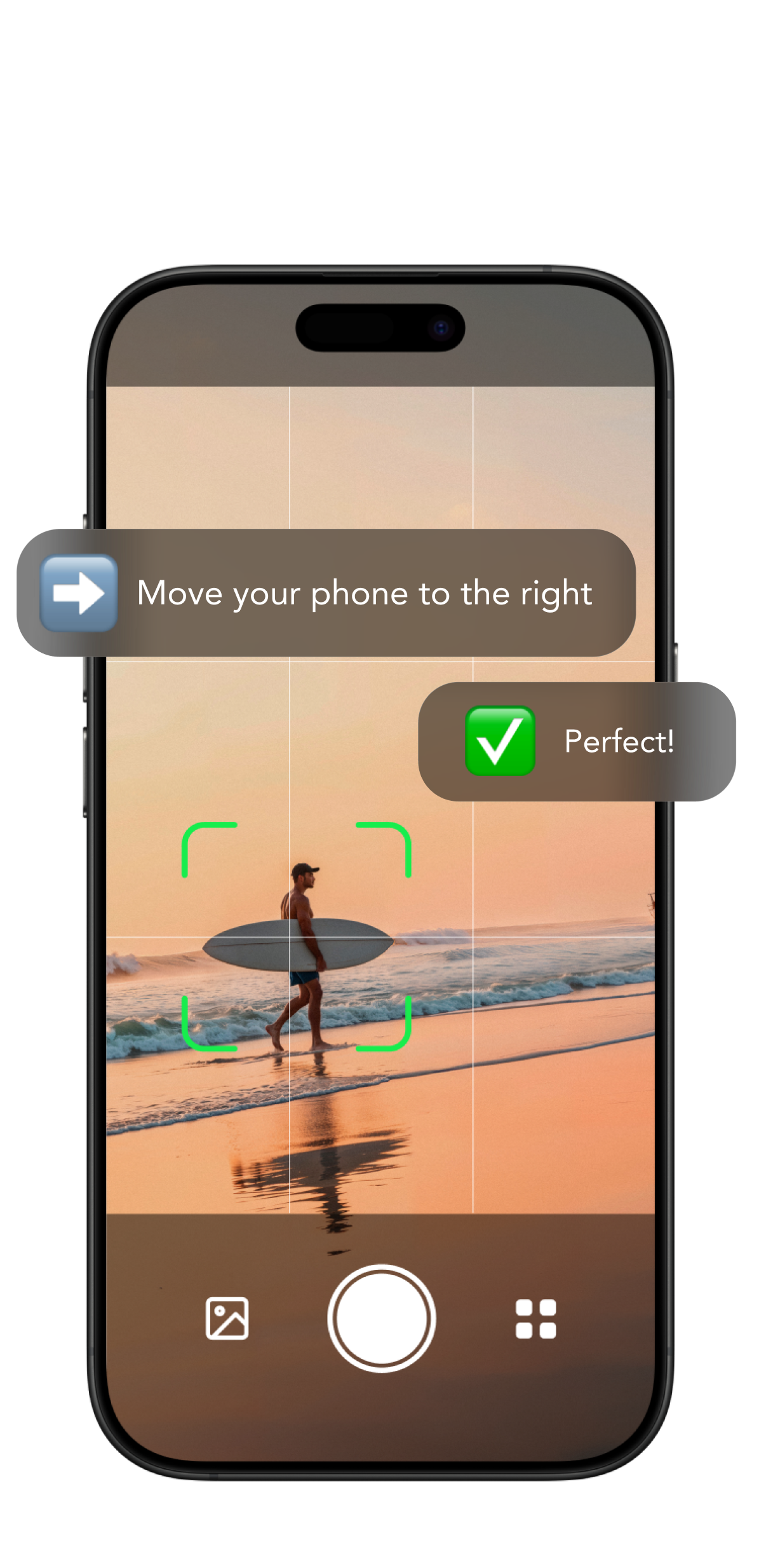 Cam AI camera coaching with framing guidance and a Perfect confirmation