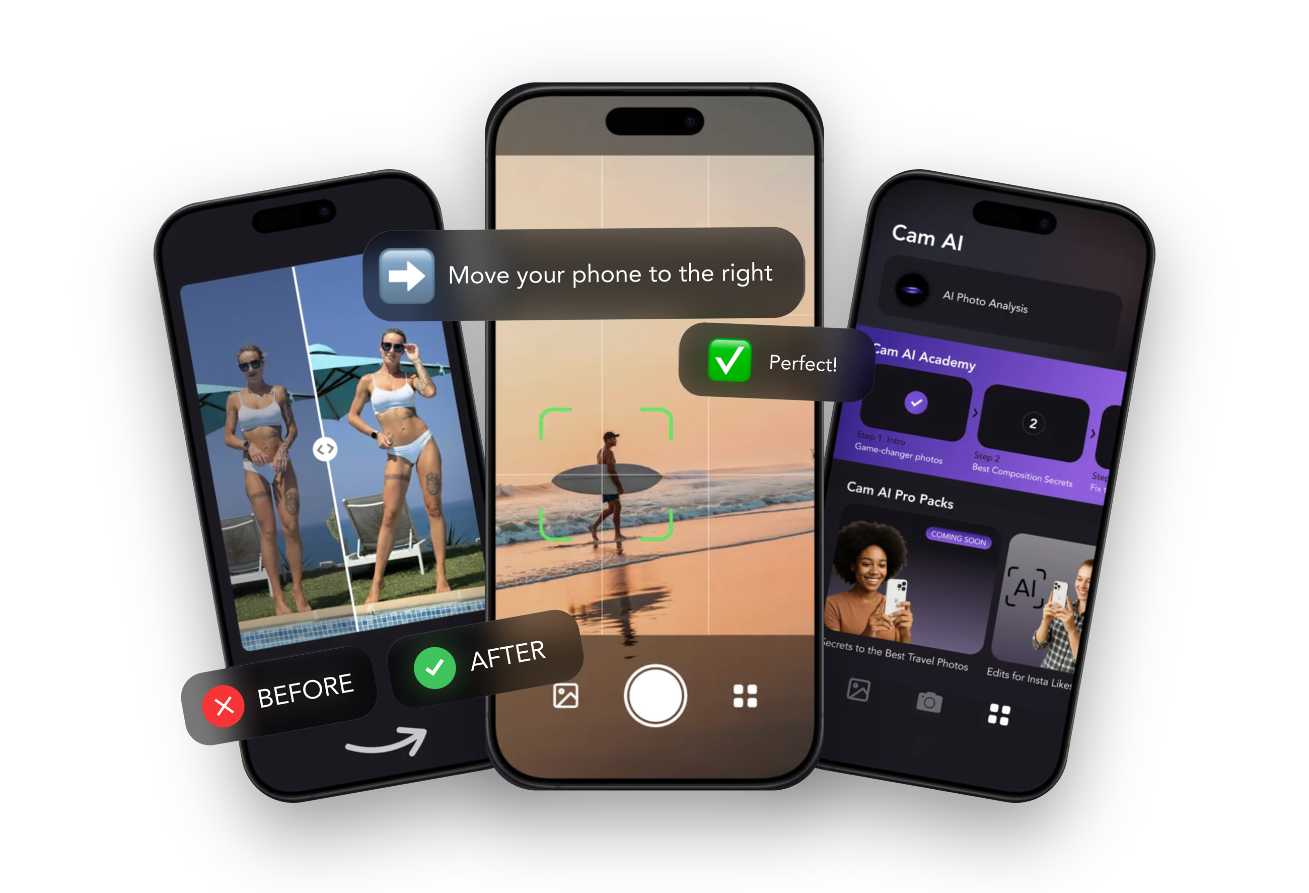 Cam AI camera guidance, before and after pose ideas, and photography lessons